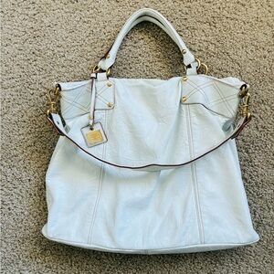 Vintage Liz Claiborne leather bag, white, removable shoulder strap, top handles.
